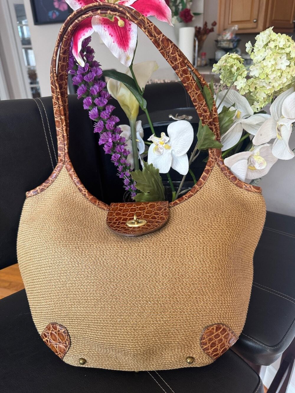 Eric Javits Tan Alligator Leather Woven Squishee Shopper Tote (300